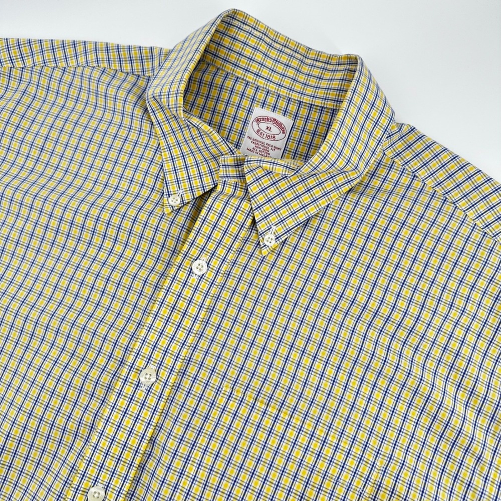 Brooks Brothers Button Down Shirt Mens XL Yellow Blue Plaid Short Sleeve Cotton
